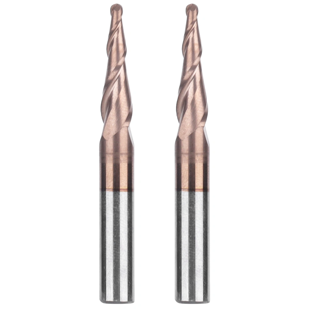 2 Pcs 2 Flute Tapered Ball Nose End Mills Bronze Coated Cone End Milling Cutter for Engraving Cutting R1.0x20xD6x50mm