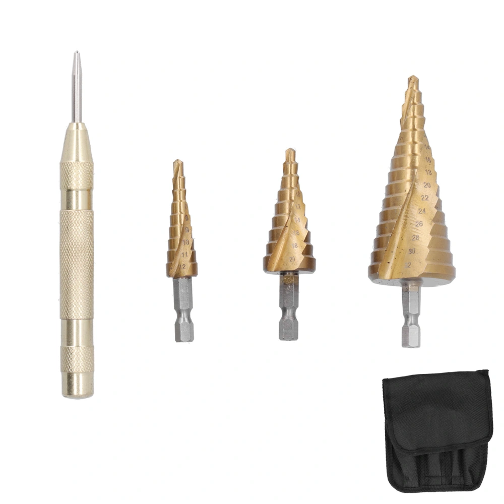 3Pcs Step Drill Bit Metric Professional Cone HSS Hex Shank 432mm Automatic Centring Stamp(Spiral Shape )