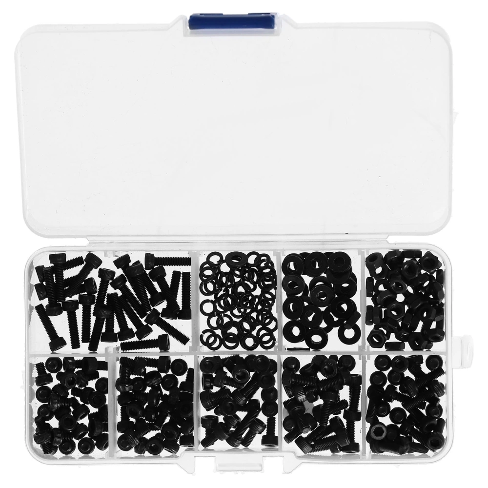 300Pcs Nut Bolt Assortment Kit Cylinder Head M3 Hex Nuts Spring Washer Carbon Steel Fasteners