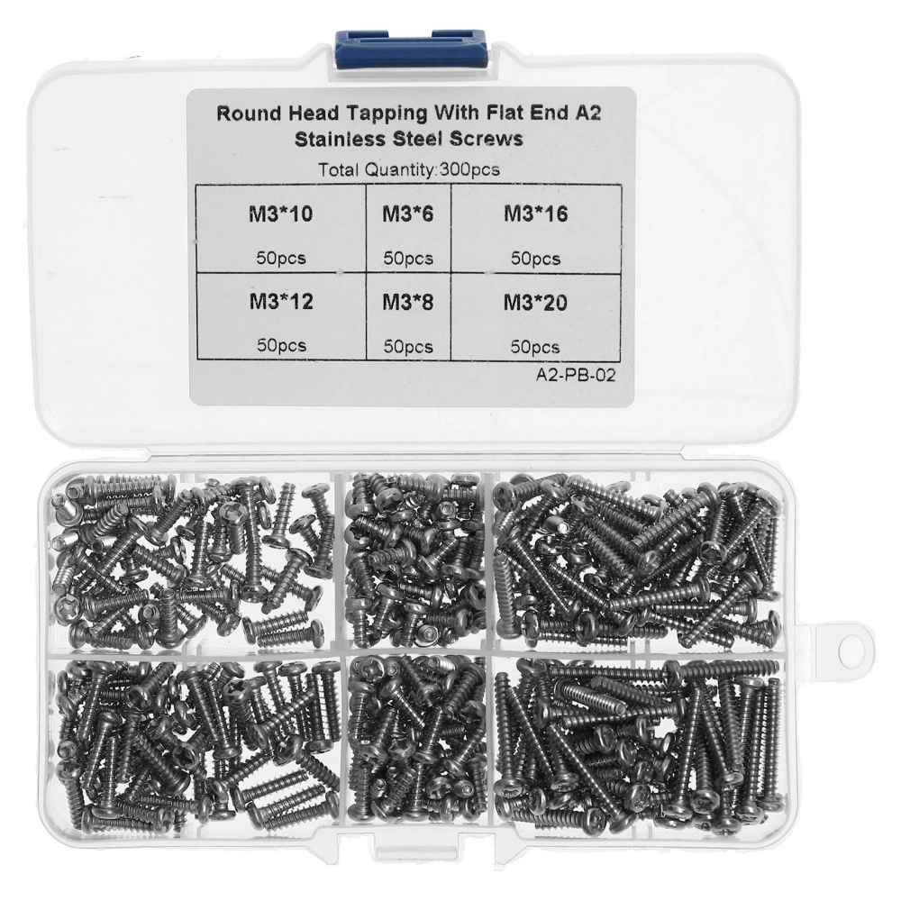 300Pcs M3 Screw Assortment Kit 304 Stainless Steel Cross Flat End Self Tapping Screws Fastener