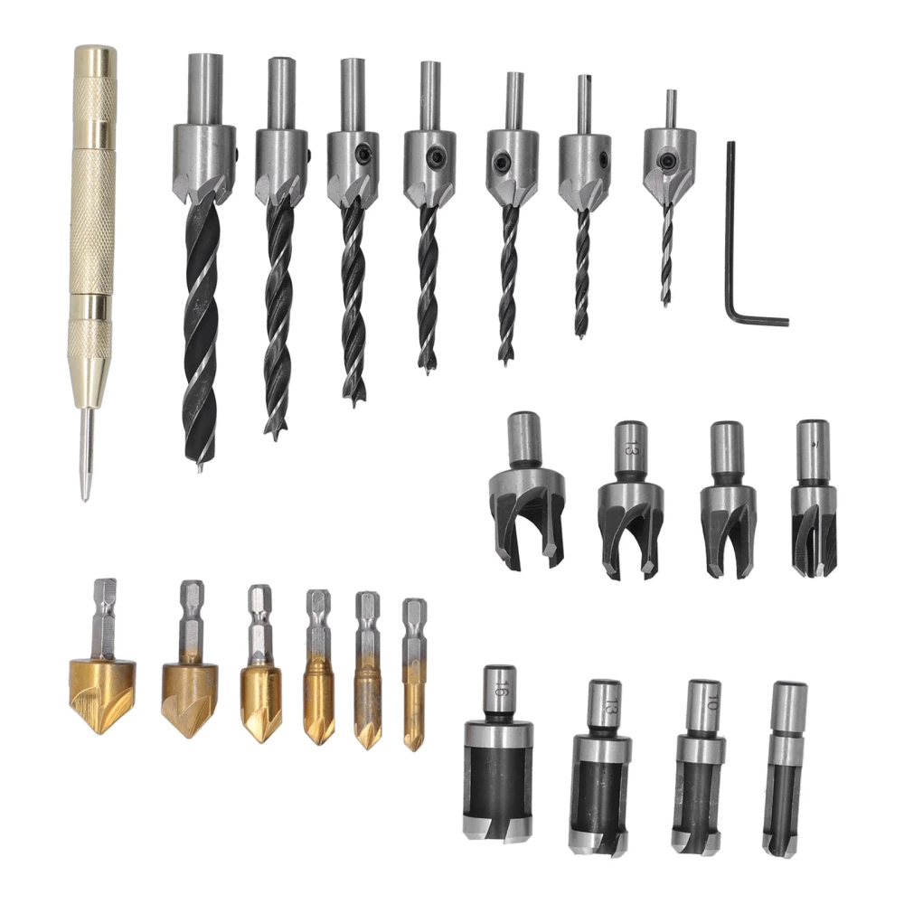 23 Pcs Woodworking Chamfer Drilling Tool High Speed Steel Wear Resistant Countersink Drill Bit Set for Machining