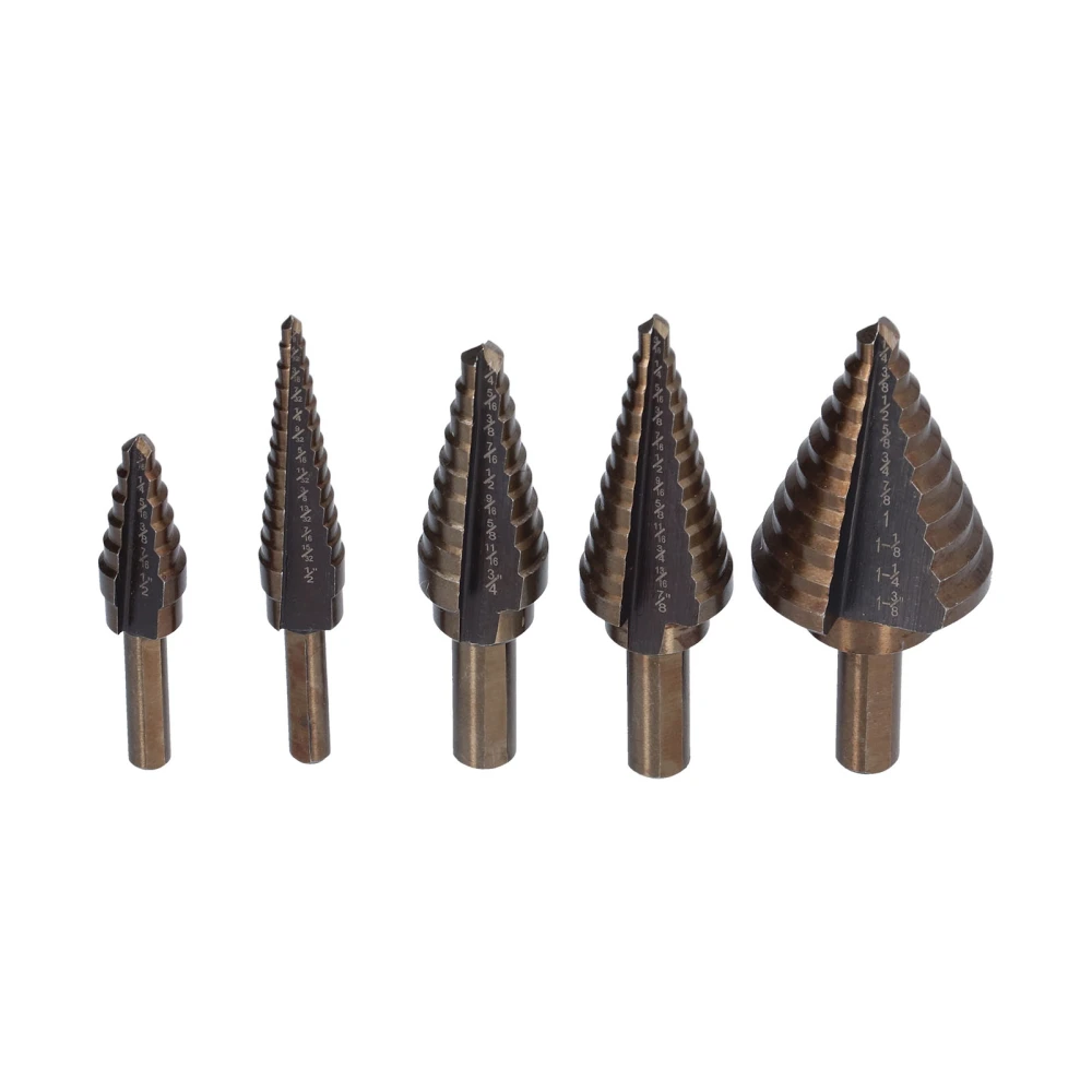 5Pcs Step Drill Bit High Speed Steel Round Shank Ti Plated Drilling Tool Set Kit