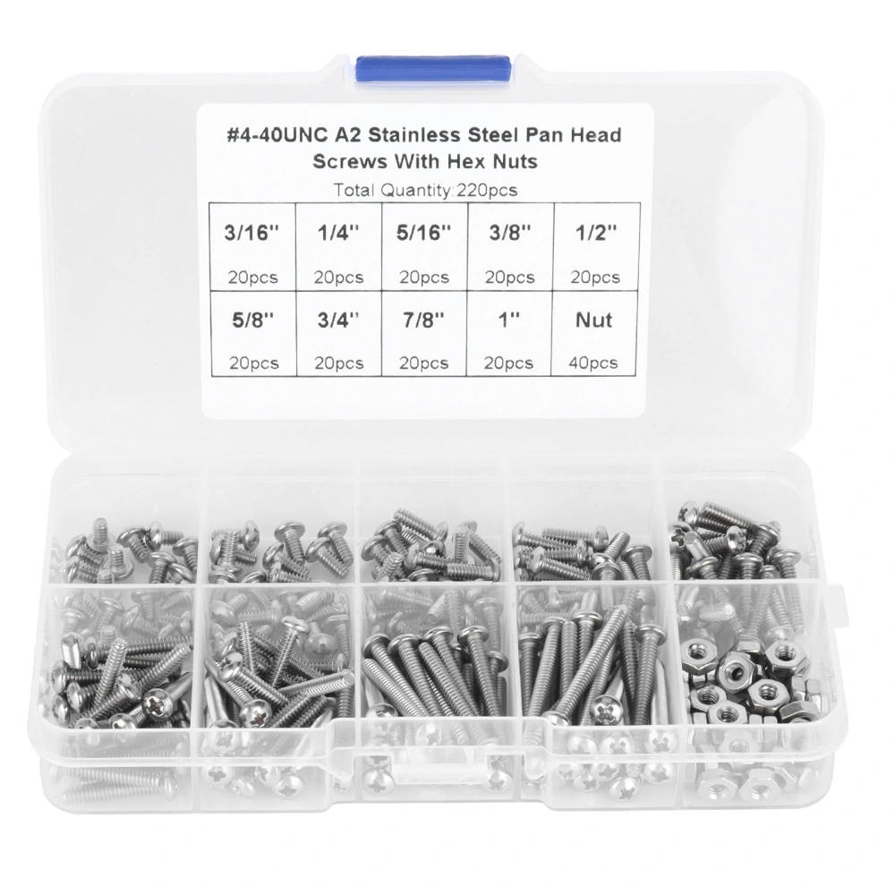 304 Stainless Steel Screws Cross Pan Head Screws with Hex Nuts Washers Screw Kit220pcs #4-40UNC