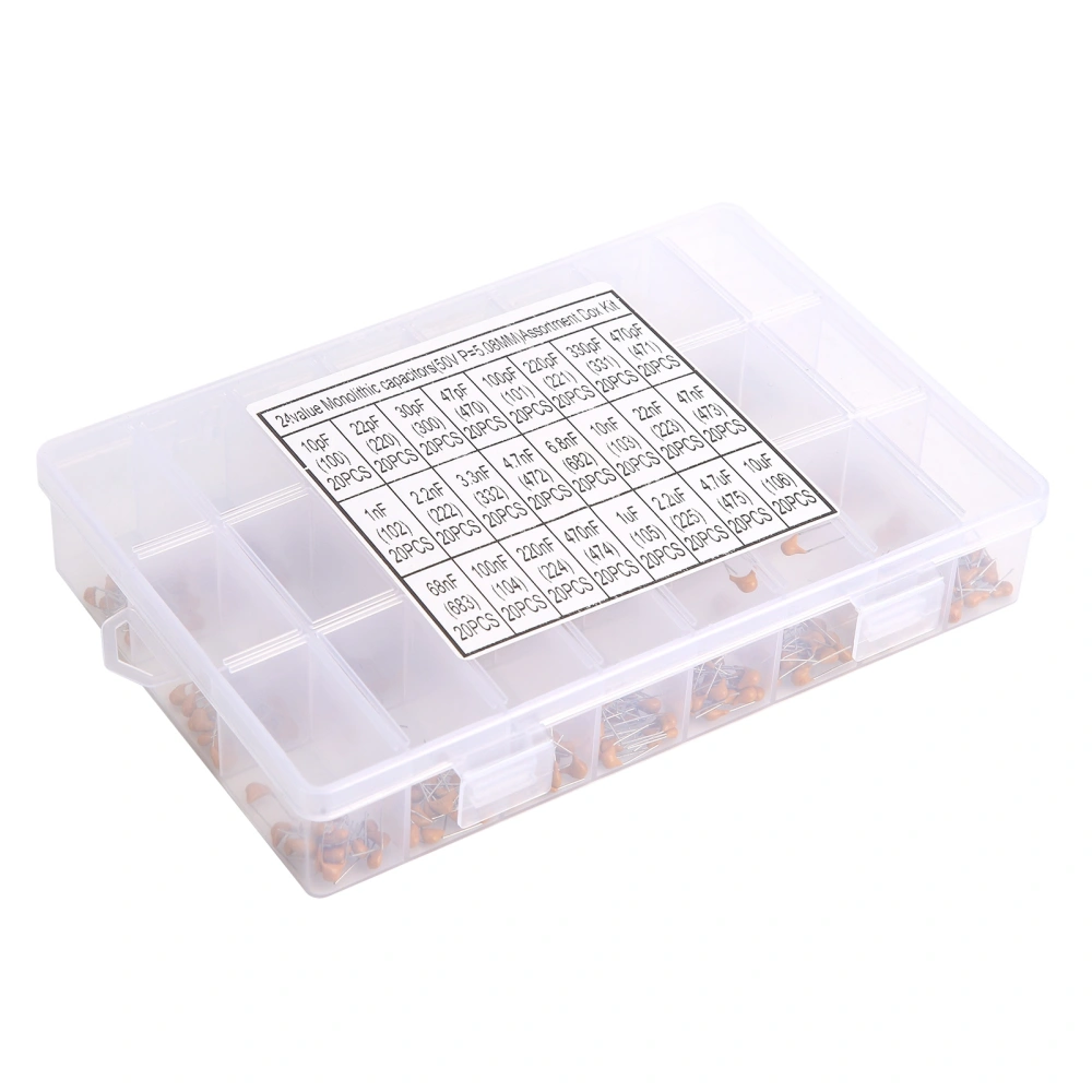 480Pcs Monolithic Ceramic Capacitor 24 Valves 10pF‑10uF Accessory Set Kit for Computer