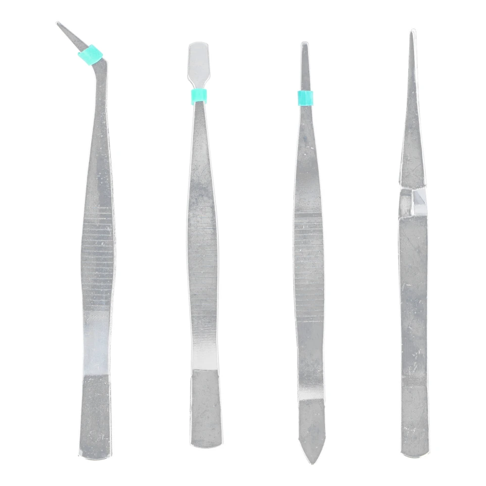 4Pcs Tweezers Set Point Tip Elbow Stainless Steel Picker Precise Electronic Clamping Tools