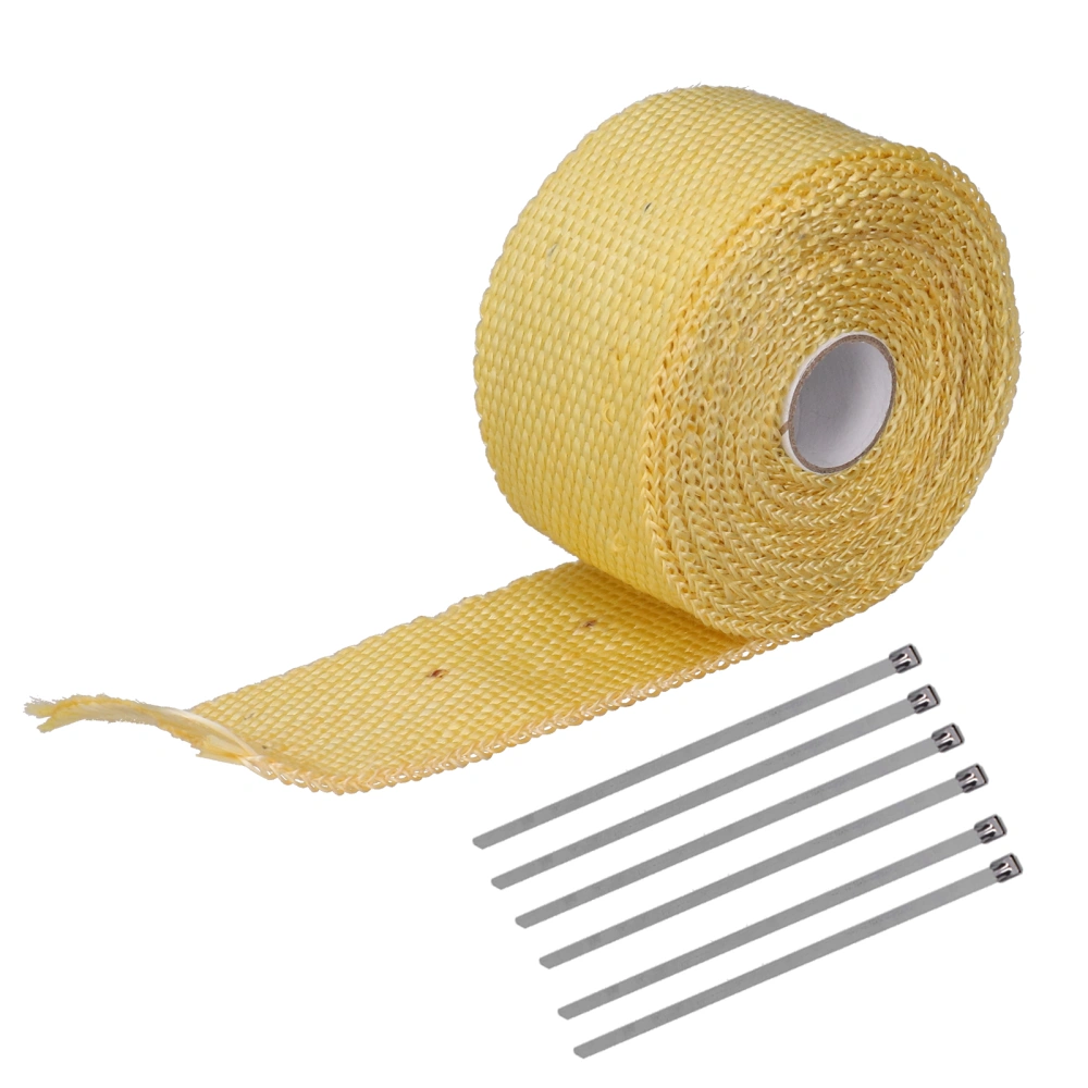 5m Heat Insulation Tape Glass Fiber Alloy Steel with 6 Steel Cable Ties for Automobile Motorcycle Exhaust PipesYellow