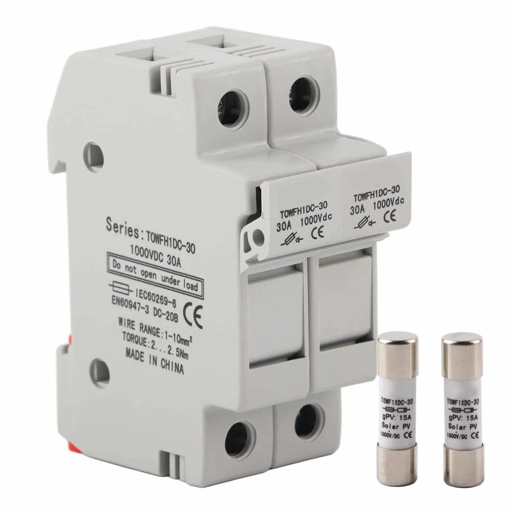 Fuse Holder Base 2 Pole DIN Rail Mount Power Distribution Control Equipment TOWFH1DC 1000VDC 2P15A