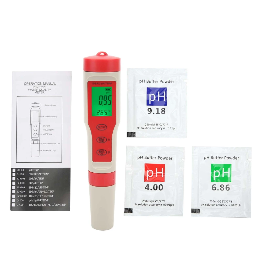 4 in 1 Water Quality Test Pen Portable PH/EC/TDS/Temperature Analyzer with LCD Display