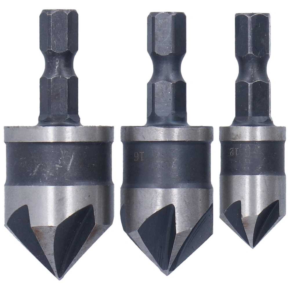 3Pcs Chamfer Drill Bit 5 Flute Hex Shank High Speed Steel Woodworking Countersink Hole Opener