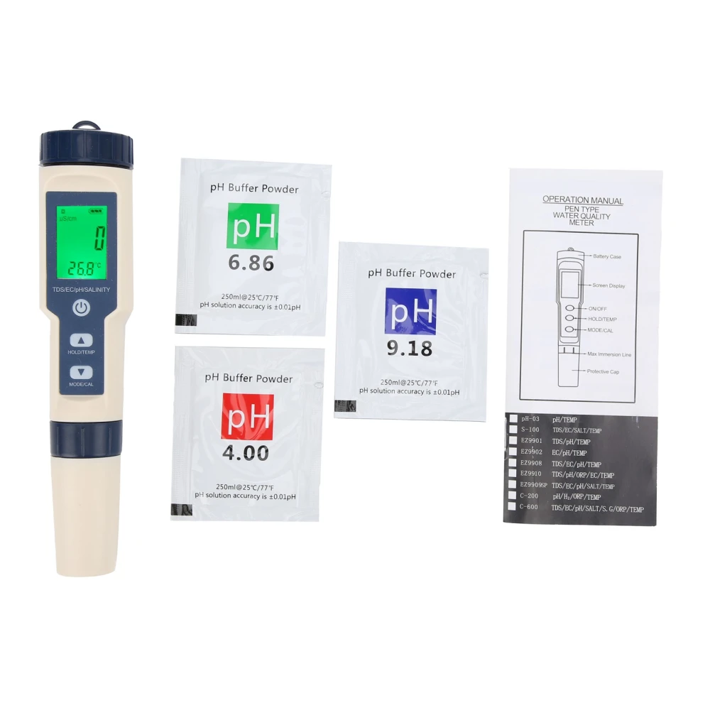 5 in 1 Water Quality Detector with Backlight PH/EC/TDS/SALT/TEMP Testing Pen for Water