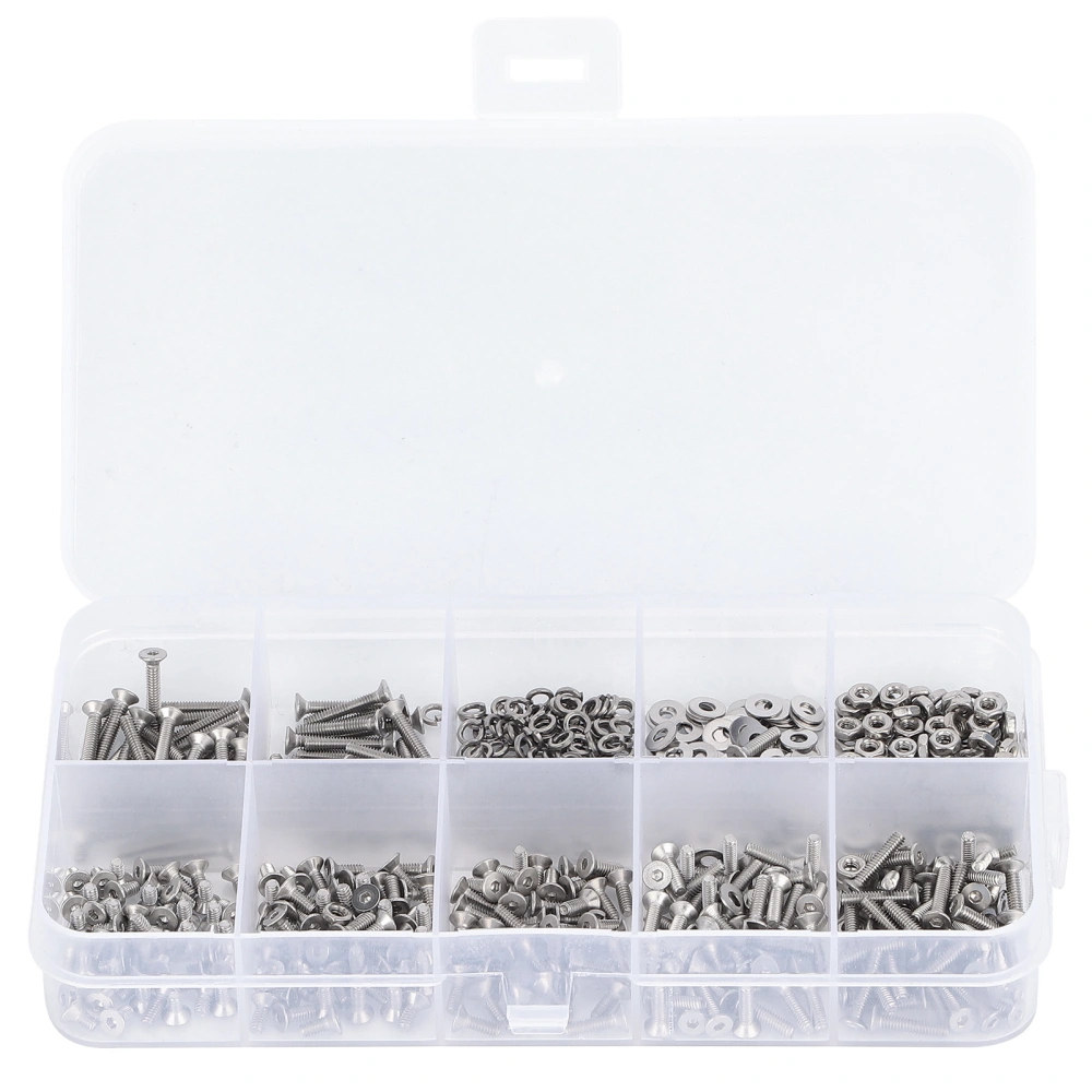 600PCS Stainless Steel Countersunk Hex Socket Bolts Hex Nuts Washers Assortment Set