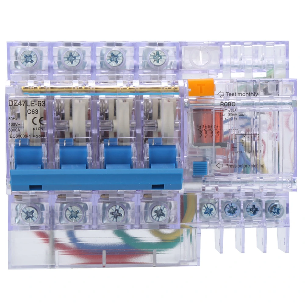 DZ47LE‑63 4P C63 Transparent Small Circuit Breaker Household Earth Leakage Circuit Breaker