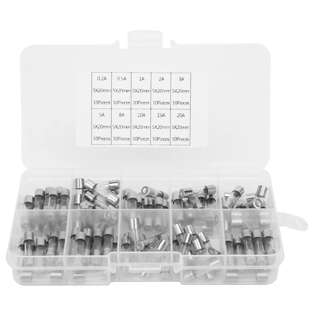 100Pcs Glass Fuse Assorted Kit Industrial Supplies 5 x 20mm 0.2/0.5/1/2/3/5/8/10/15/20AMP