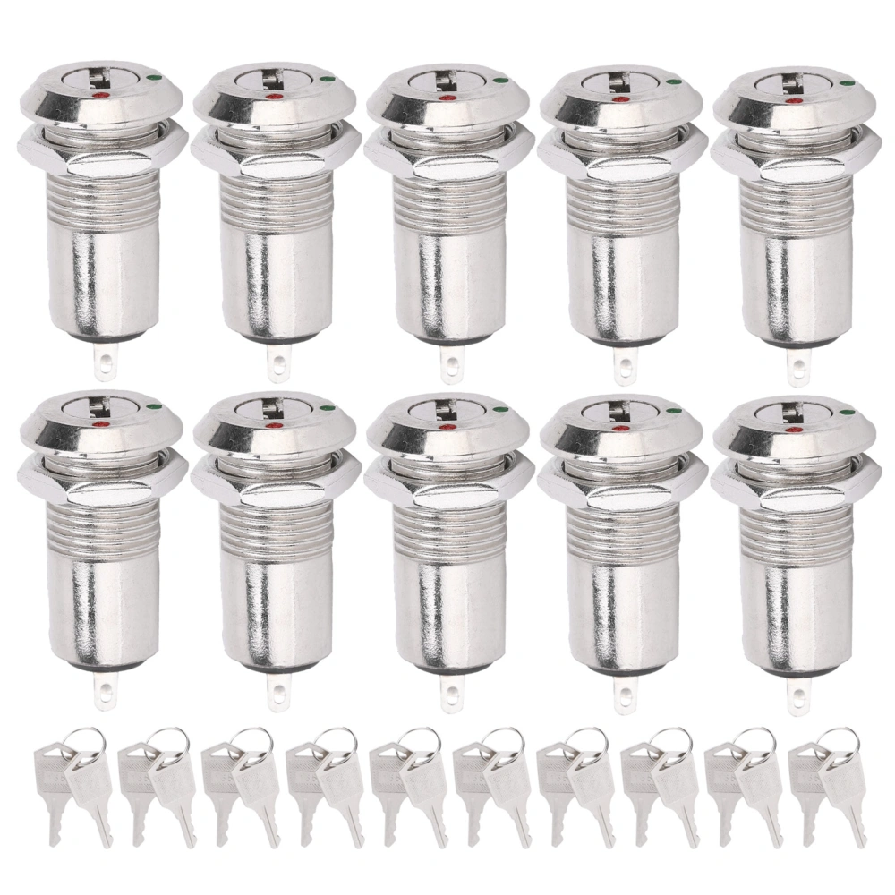 10Pcs Key Switch Barrel Metal ONOFF Power Lock Stainless Steel with Key Nut 12mm AC DC220V(Single Pull )