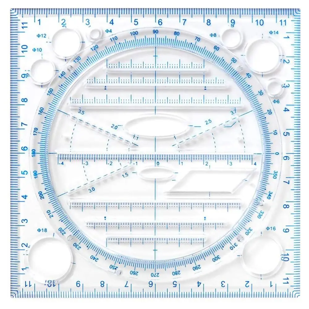 Multifunctional Drawing Ruler Non Slip 360 Gegree Rotation Measuring Template Round Curve Vertical Parallel Line Ruler