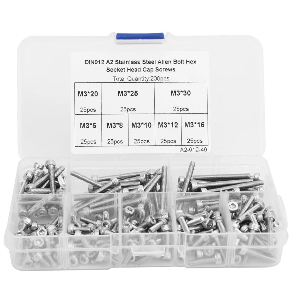 200Pcs Hex Socket Cap Head Screw 304 Stainless Steel Boxed Hardware Accessories M3