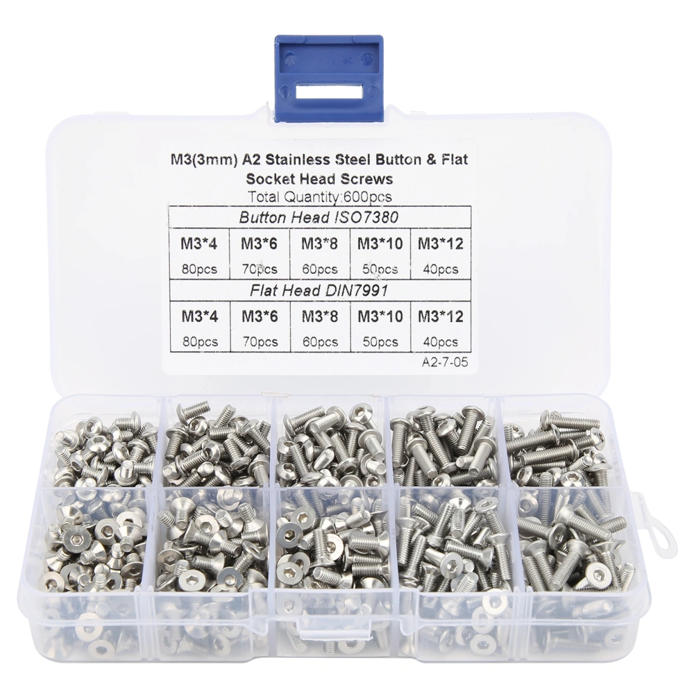 600Pcs Hex Screw Set 304 Stainless Steel Pan/Flat Head Boxed Hardware Accessories