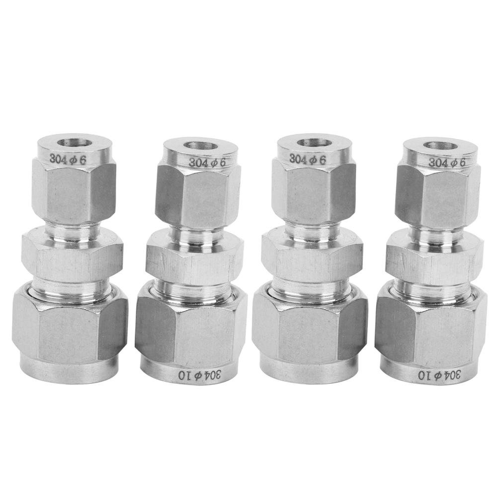 4Pcs Compression Tube Adapter 304 Stainless Steel DoubleFerrule Straight Reducer Union(Ф6/Ф10 )