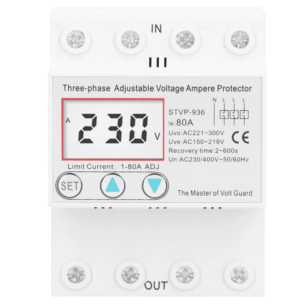 Adjustable Voltage Protector 3Phase LCD Multifunctional SelfResetting STVP936 400V AC(80A )