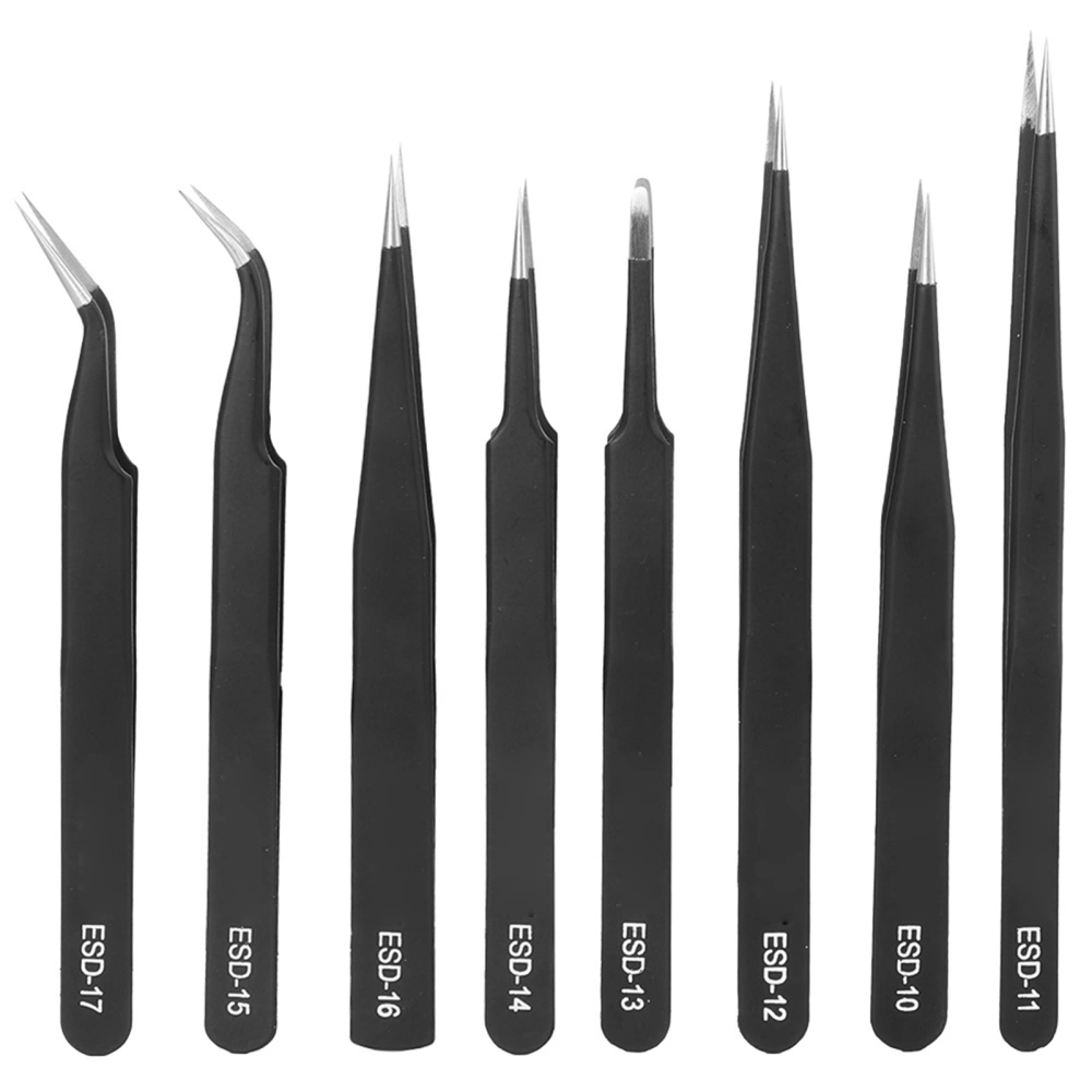 8Pcs Tweezers Stainless Steel Slant Professional Pneumatic Accurate Set ESD-10-17