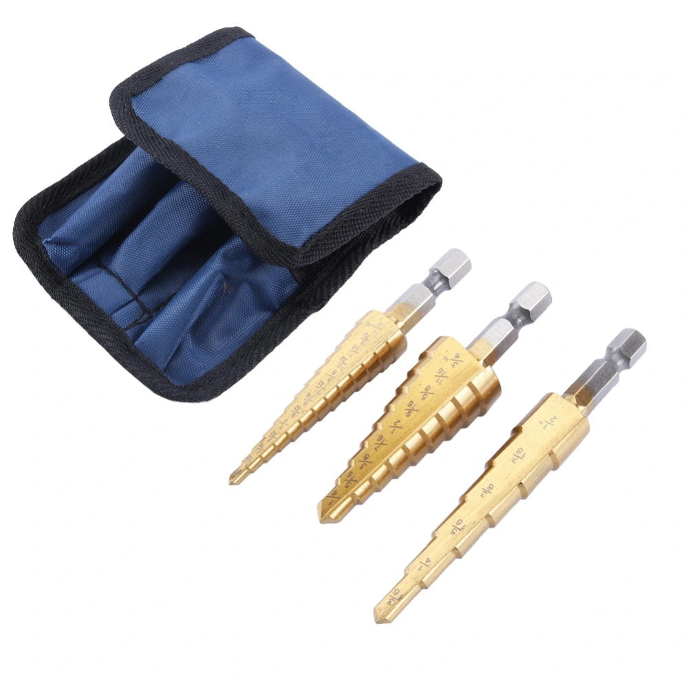 3pcs HSS Steel Step Cone Ti Coated Drill Bits Hex Shank Hole Cutter