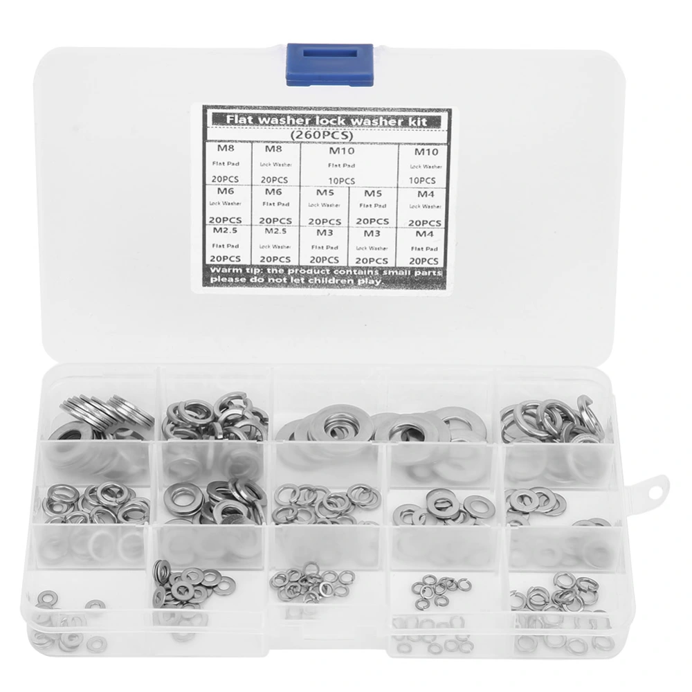 260pcs 304 Stainless Steel Washer Spring Washer Anti Rust Assortment Set Kit