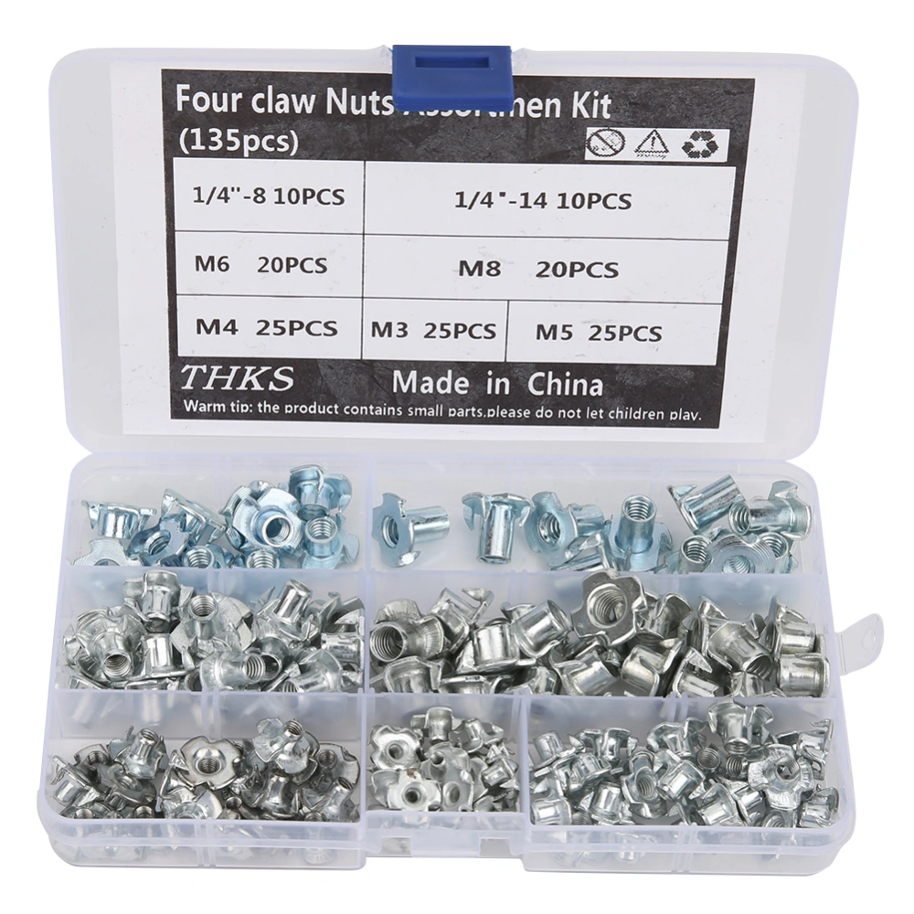 135pcs Carbon Steel Four Claw Nut Assortment Kit for Furniture Cabinet Door Connection