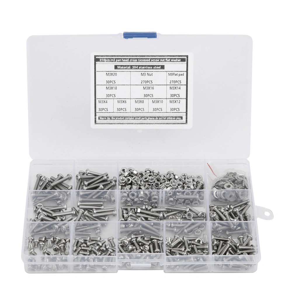 810pcs 304 Stainless Steel M3 Round Head Screw Nut Gasket Assortment Set Kit