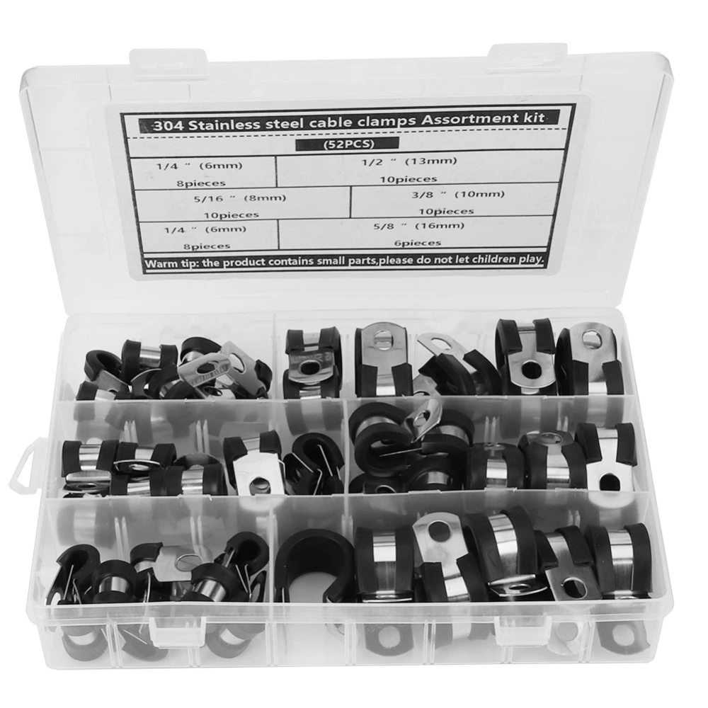 52Pcs Stainless Steel Rubber Sleeve Cable Clamp Assortment Kit for Electric Wire Management