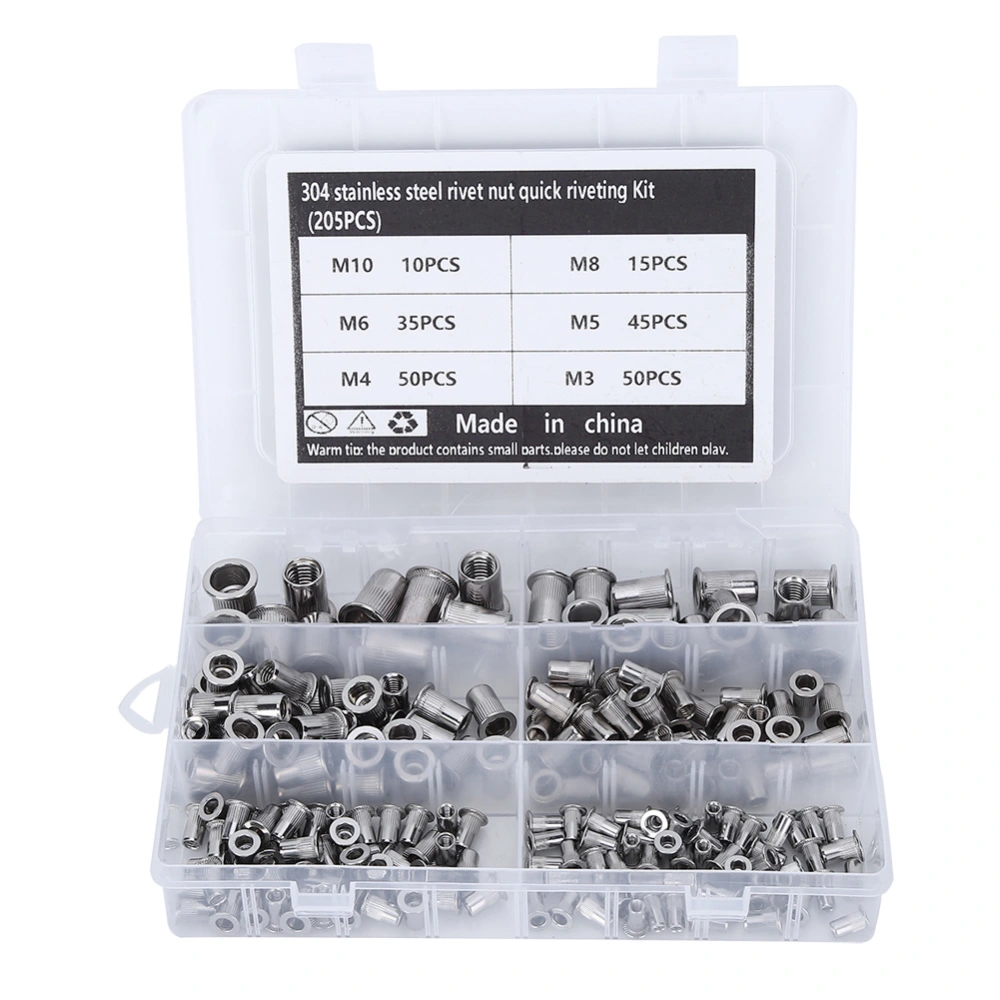 205pcs M3-M10 Stainless Steel Rivet Nut Quick Riveting Assortment Kit with Transparent Box