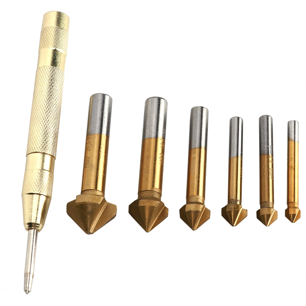 6PCs Chamfer Drill Bit Woodworking Tool Anti Rust Ti Plating with 130mm Center Punch