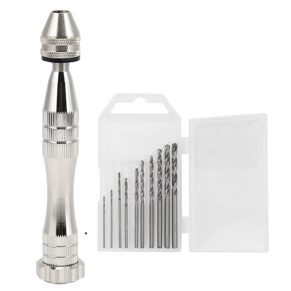 Hand Twist Drill Silver Aluminum Alloy with 10 Different Drill Bit Set Hardware Accessory