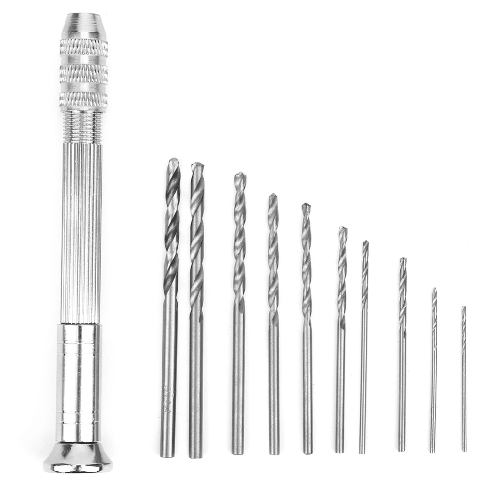 Silver Mini Aluminum Alloy Hand Twist Drill with 10 Drill Bits Manual Woodworking Tools