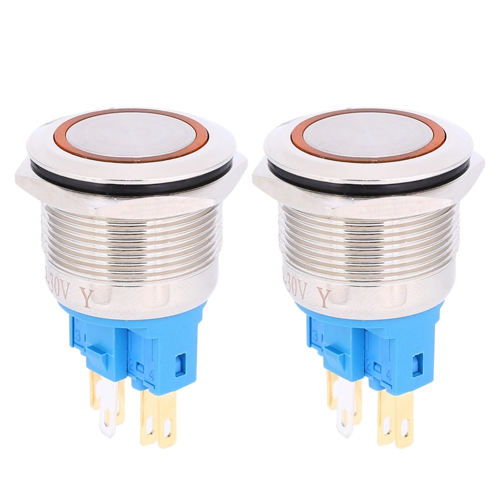 2Pcs AC220V 22mm Stainless Steel Ring Reset Button 6-Pin Push Button Switch ReplacementOrange