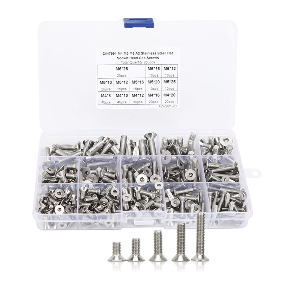 260Pcs Flat Screw Set M4/M5/M6 Hex Socket Stainless Steel 304 for Electronics Industry