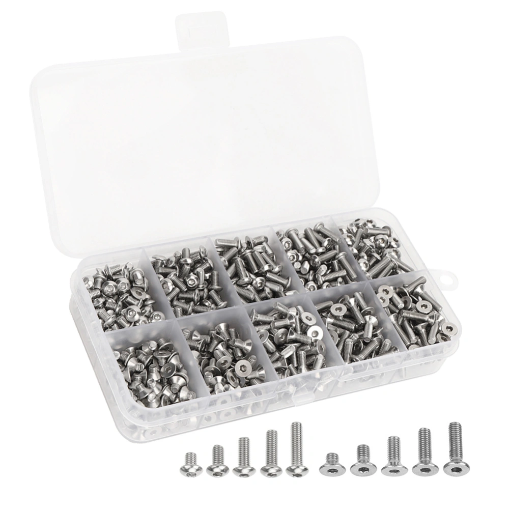 720Pcs Blot Stainless Steel Round/Flat Head Hex Socket Hardware Fasteners M3x4/6/8/10/12