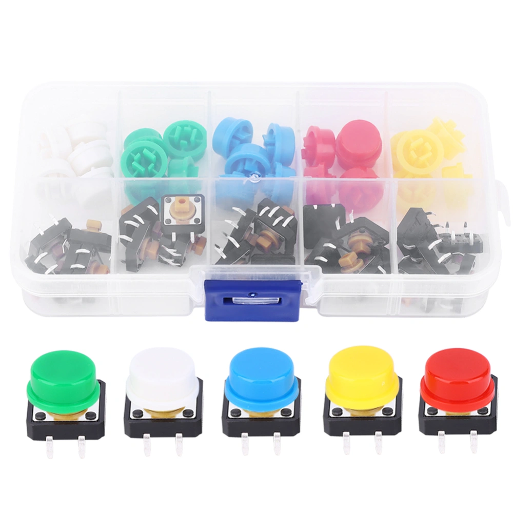 50Pcs Tactile Push Button Switch High Quality 5-Colors Round Tact Cap Set 50mA 12VDC