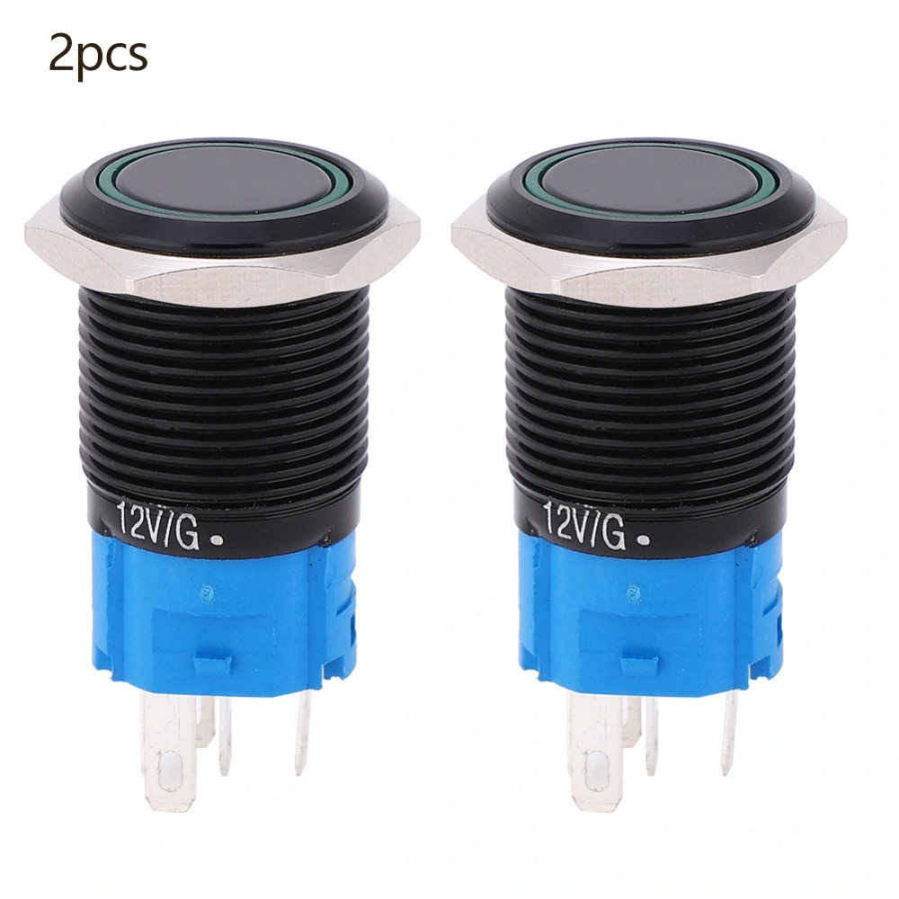 2PCS 12VDC 16mm Push Button Switch 5 Pin Self Locking IP65 Waterproof Button Switch with Light(Green )