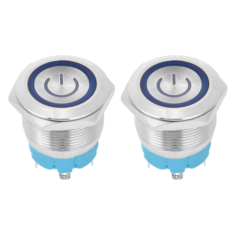 2Pcs 22mm Metal Push Button Switch Flat Head Momentary 4 Pin with Power Light Sign IP65 12-24VDCBlue