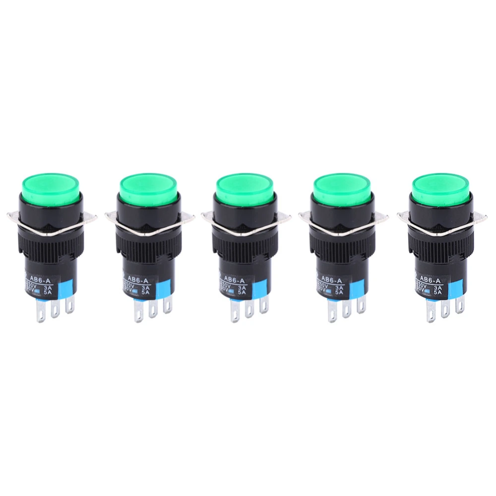 5PCS 3PIN Self Locking LA16-11Z AB6 A Switch Household Appliances Accessory with Light(Green )