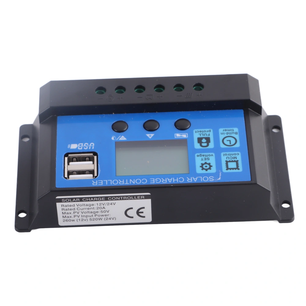 12V 24V Auto 20A Lead‑Acid Battery Solar Charge Controller PWM Regulator Dual USB 5V Output