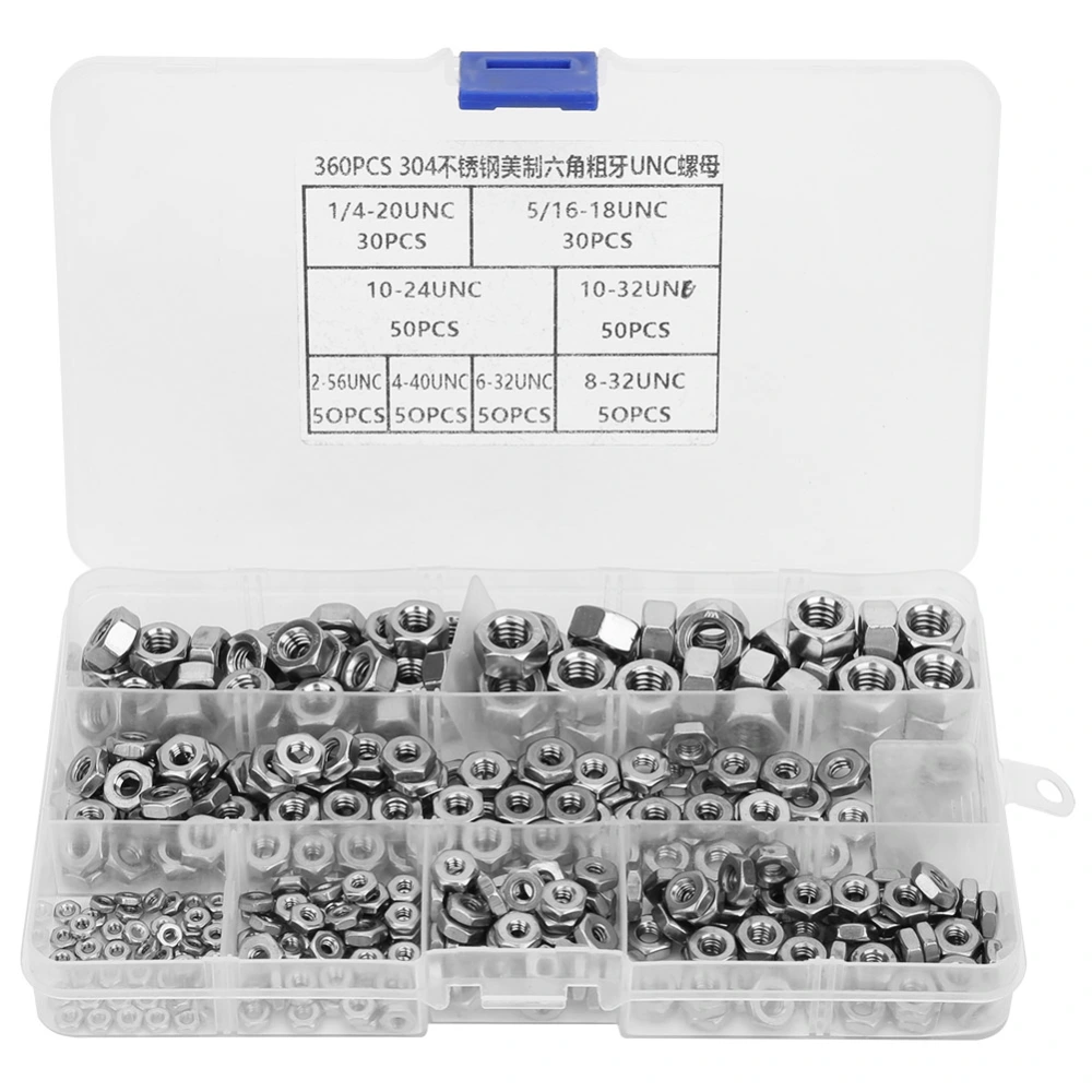 360pcs Stainless Steel Hex Nuts Coarse Thread American System UNC Nuts Fasteners