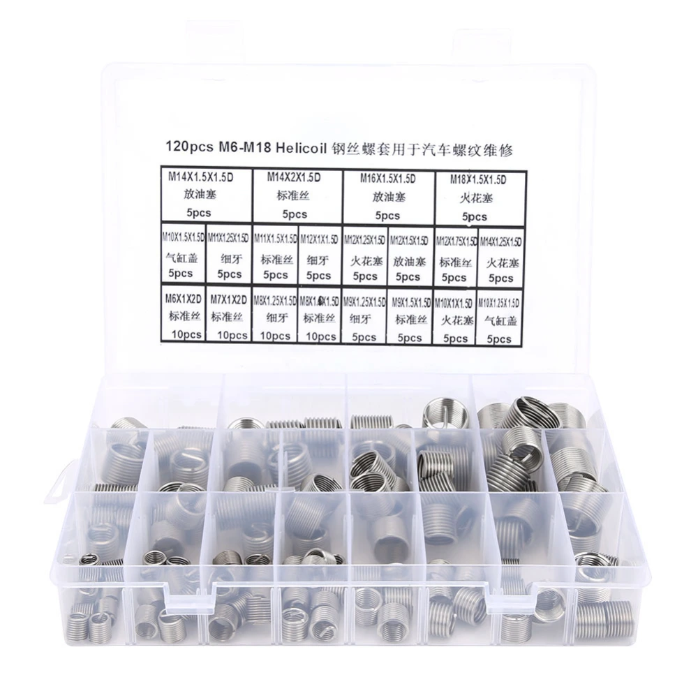 120pcs M6-M18 Stainless Steel Metric Thread Repair Insert Kit for Car Thread Repair