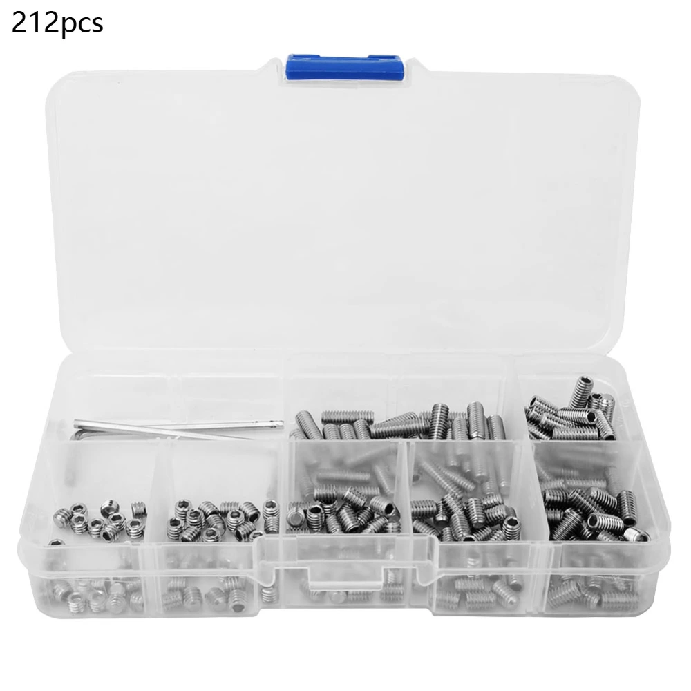 212pcs M4 Hex Socket Flat Point Set Screw 304 Stainless Steel Grub Screw Kit with Hex Key