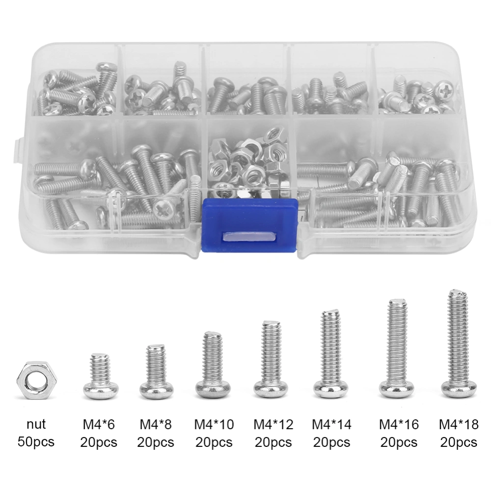 190pcs M4*6M4*8M4*10M4*12M4*14M4*16M4*18 Cross Screw Set and Nut