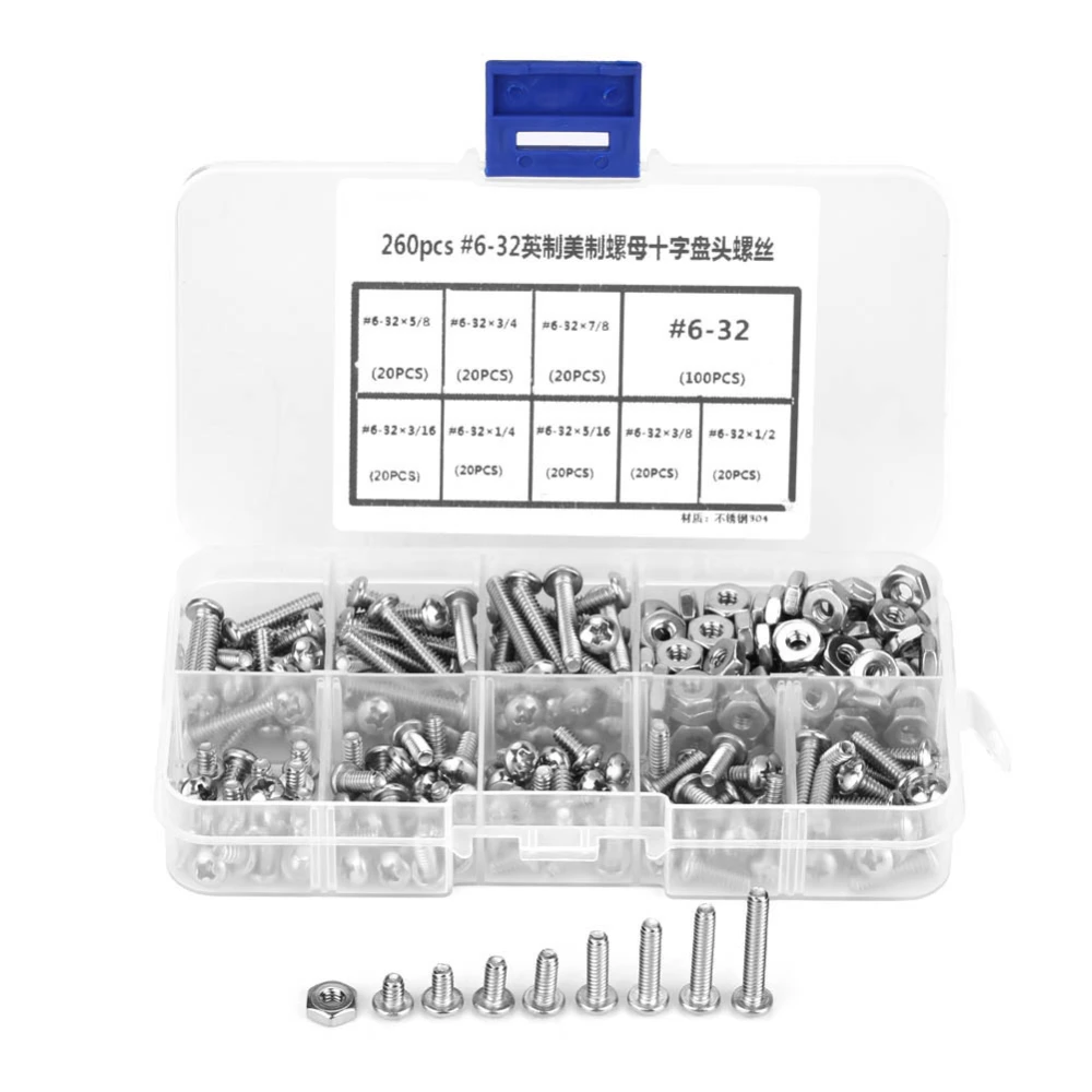 260pcs /set #6-32 Stainless Steel Cross Pan Head Machine Screws Assortment Kit