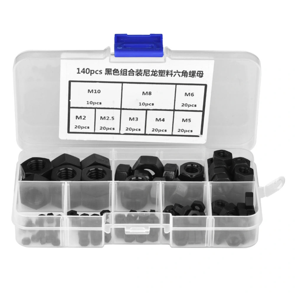 140pcs M2/M2.5/M3/M4/M5/M6/M8/M10 Thread Nylon Plastic Hex Hexagonal Nuts (Black)