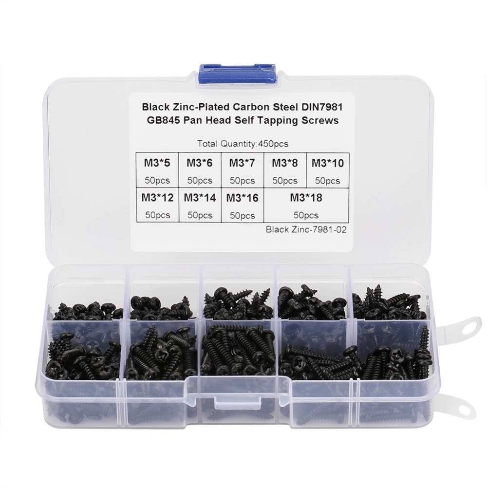 450Pcs Black M3 Cross Pan Head Self Tapping Screws Set Assortment Kit