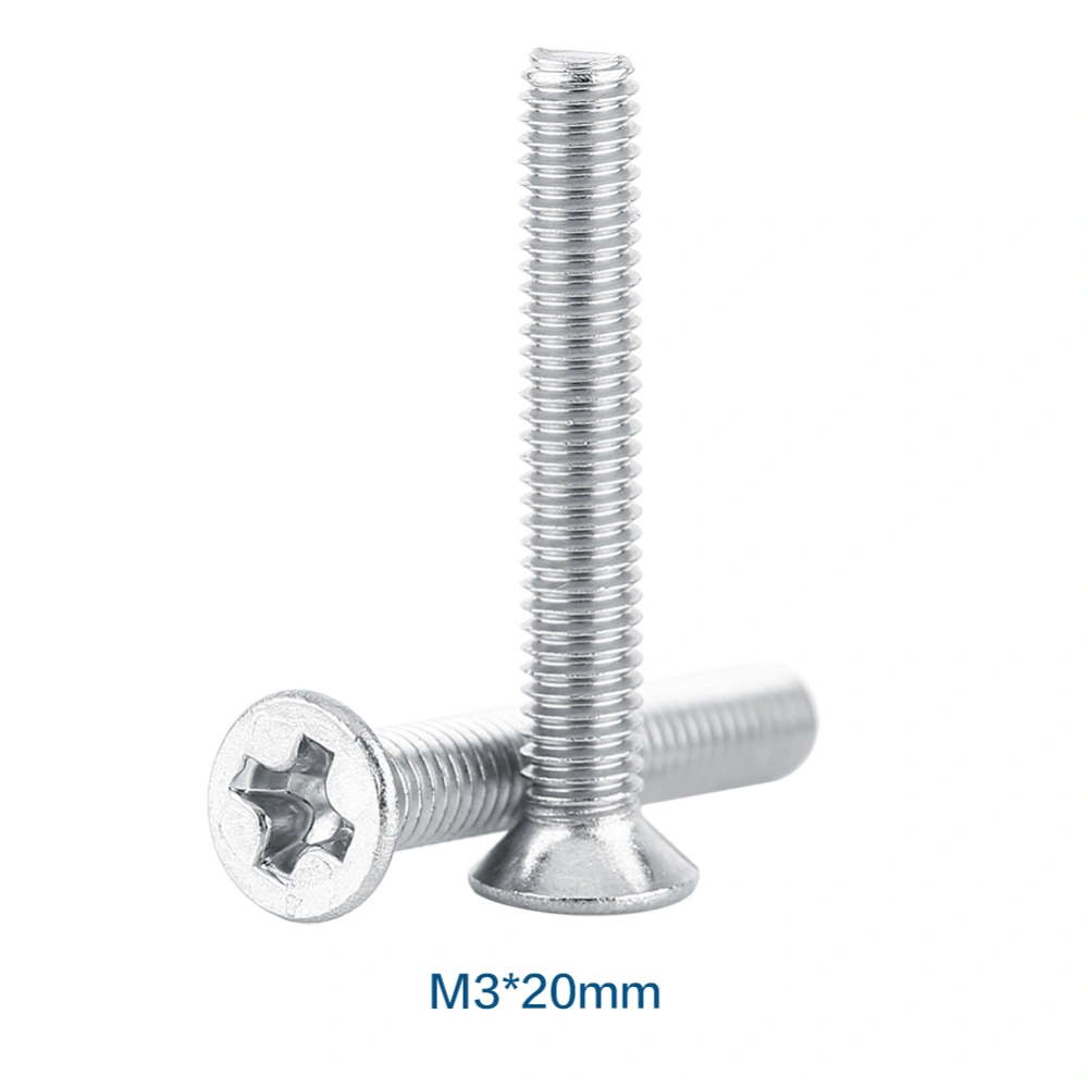 100pcs Bag Flat Head Stainless Steel SS304 Machine Countersunk Thread Screw Bolt Fastener M3*20