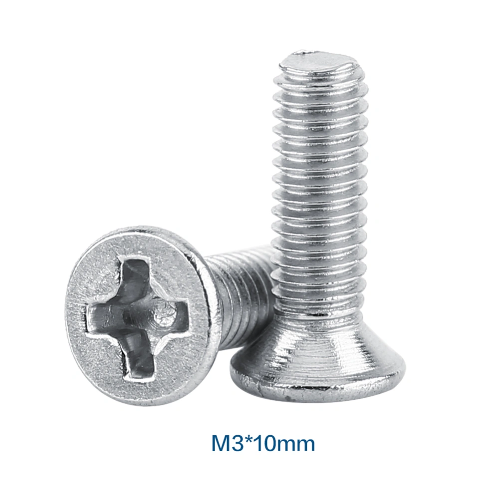 100pcs Bag Flat Head Stainless Steel Machine Countersunk Recessed Screw Bolt Fastener M3*10